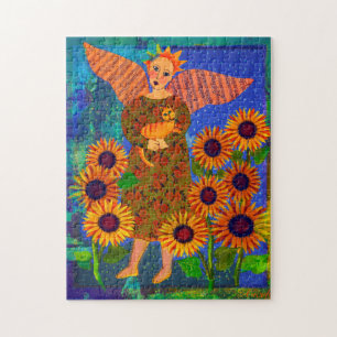 Angel met Tabby Cat en zonnebloemen 11x14 Puzzle Legpuzzel