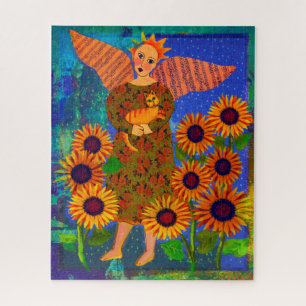 Angel met zonnebloemen en tablet 16x20 Puzzle Legpuzzel