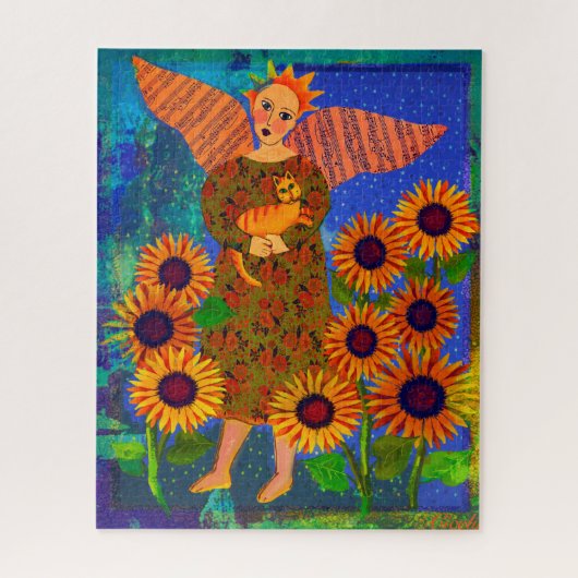 Angel met zonnebloemen en tablet 16x20 Puzzle Legpuzzel (Verticaal)