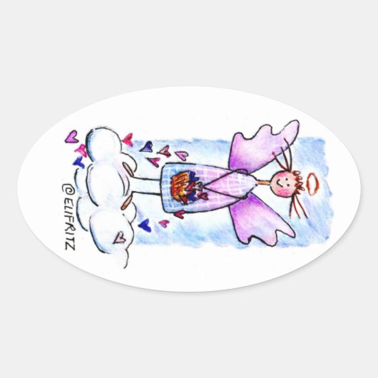 Angel on White Cloud met mandje harttekening Ovale Sticker (Voorkant)