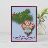 Angel-Ornament op Pine Branch Flat-kerstKaart Aankondiging (Staand voorkant)