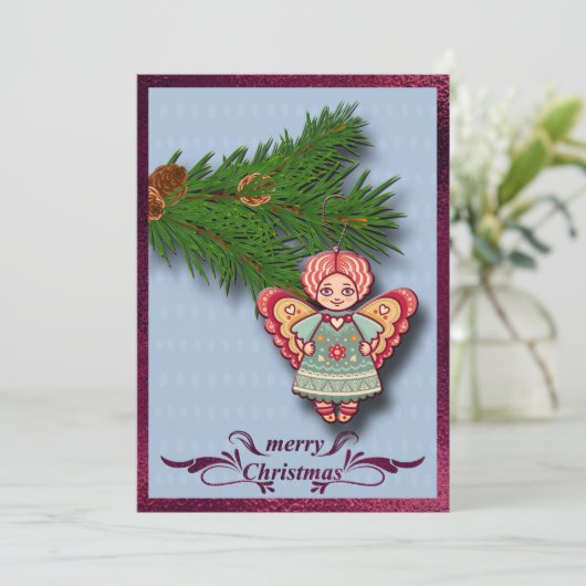 Angel-Ornament op Pine Branch Flat-kerstKaart Aankondiging (Staand voorkant)