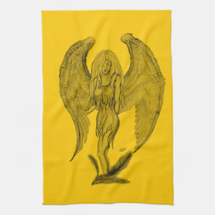 Angel, Pencil Art, geel zwart design Theedoek