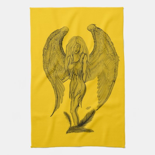 Angel, Pencil Art, geel zwart design Theedoek (Verticaal)