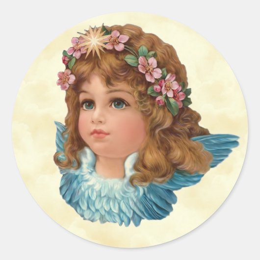 Angel Pink Flowers Blauwe Vleugels Ronde Sticker (Voorkant)