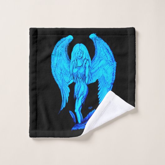 Angel, Potlood Art, blauw zwart design Bad Handdoek (Wasdoekje)