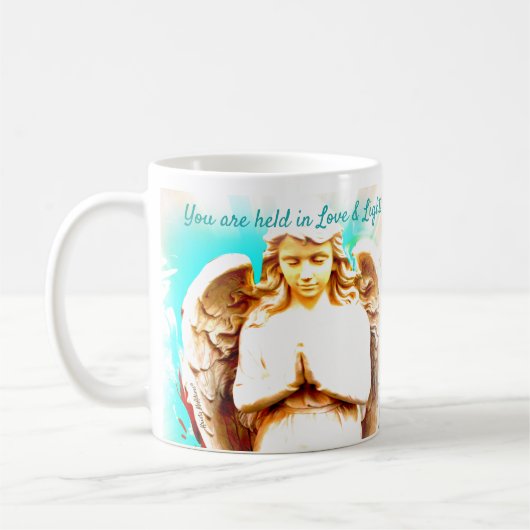 Angel Praying Aqua Blue Sky Love Light Quote Gift Koffiemok (Links)