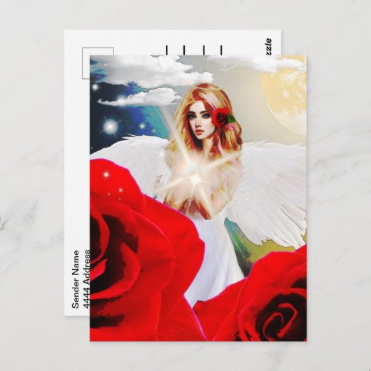 Angel Red Rose Wings Moon Mooie Fantasy Art Briefkaart (Voorkant / Achterkant)