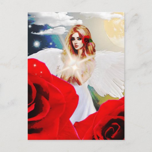 Angel Red Rose Wings Moon Mooie Fantasy Art Briefkaart (Voorkant)
