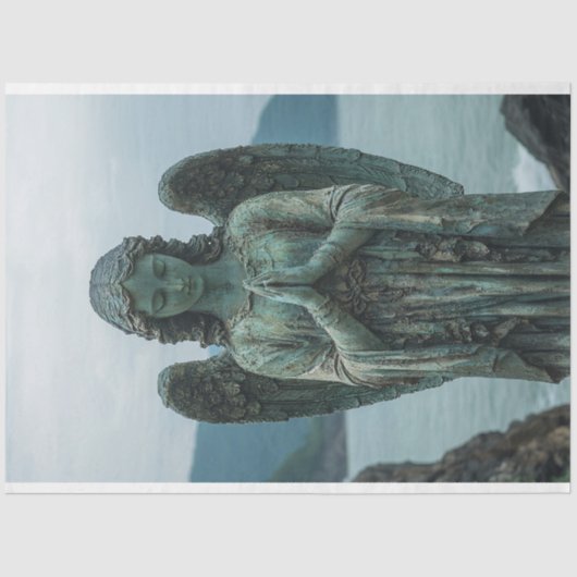 Angel Sculptuur Gedekt In Patina Decoupage Tissuepapier (Voorkant)