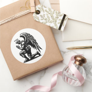 Angel Soldier Man Gebed inkt illustratie kunst Ronde Sticker