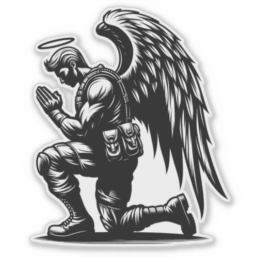 Angel Soldier Man Gebed inkt illustratie kunst Sticker (Voorkant)