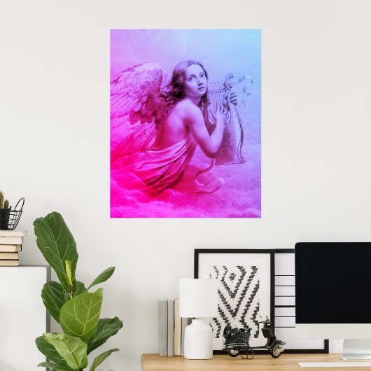 ANGEL SPEELT LYRA OVER DE CLOUDS Pink Blue Poster (Thuiskantoor)