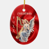 Angel spelen harp op rode zijde kerstversiering keramisch ornament (Voorkant)