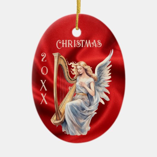 Angel spelen harp op rode zijde kerstversiering keramisch ornament (Voorkant)
