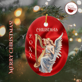 Angel spelen harp op rode zijde kerstversiering keramisch ornament
