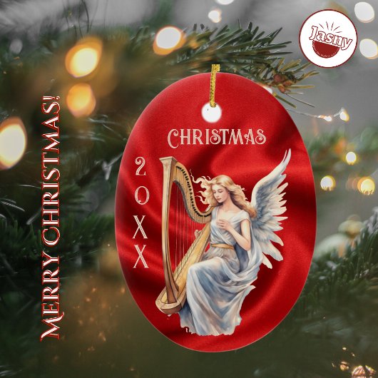 Angel spelen harp op rode zijde kerstversiering keramisch ornament