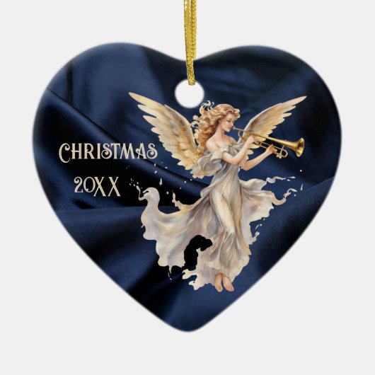 Angel spelen trompet blauw hart gevormd Kerstmis Keramisch Ornament (Voorkant)