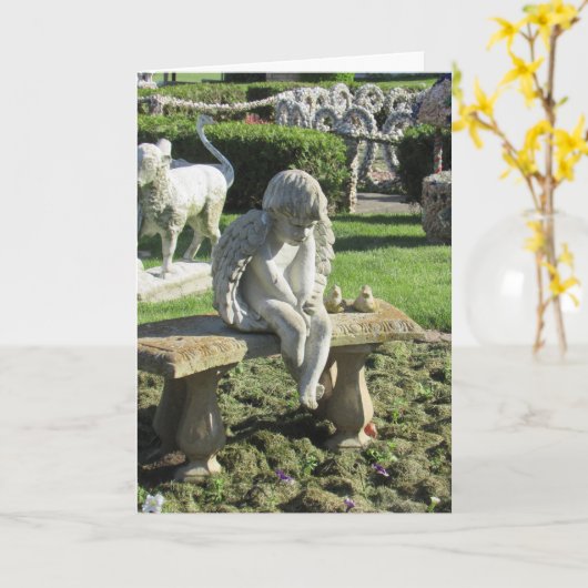Angel Statue op Bench Inspirerend Quote Kaart (Gele Bloem)
