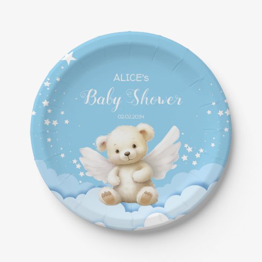 Angel Teddy Bear op Wolken Baby Blauw Papieren Bordje (Voorkant)