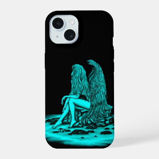 Angel, verloren in gedachte, zwart en groen design iPhone 15 case (Achterkant)