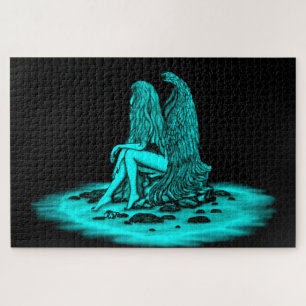 Angel, verloren in gedachte, zwart en groen design legpuzzel
