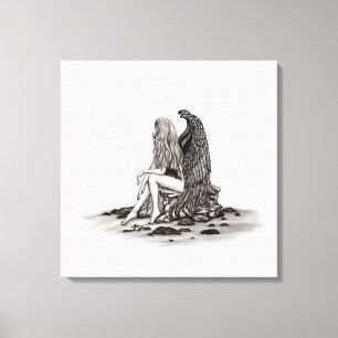 Angel, verloren in gedachte, zwart-wit design canvas afdruk