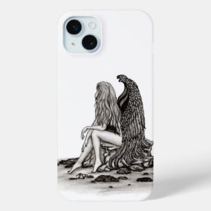 Angel, verloren in gedachte, zwart-wit design iPhone 15 mini hoesje