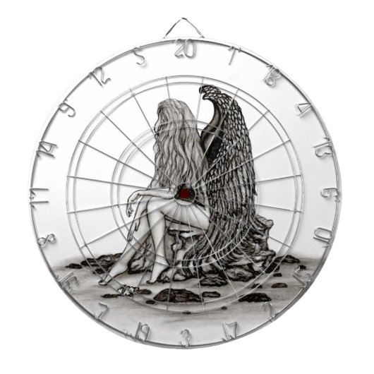 Angel, verloren in gedachte, zwart-wit design dartbord (Voorkant)