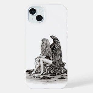 Angel, verloren in gedachte, zwart-wit design iPhone 15 plus case