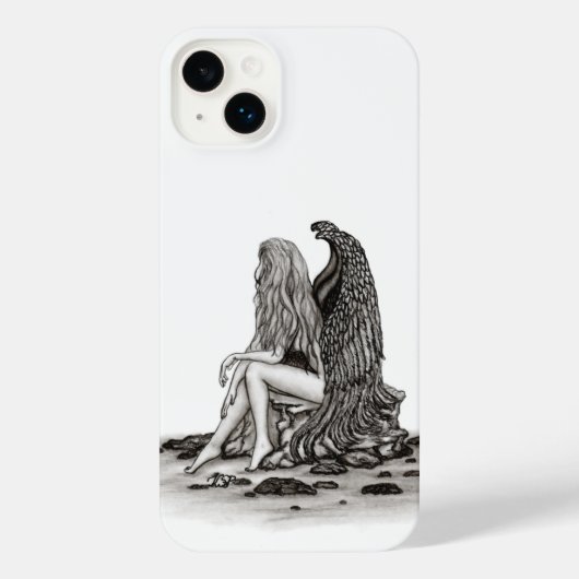 Angel, verloren in gedachte, zwart-wit design iPhone hoesje (Achterkant)