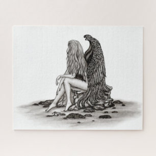 Angel, verloren in gedachte, zwart-wit design legpuzzel