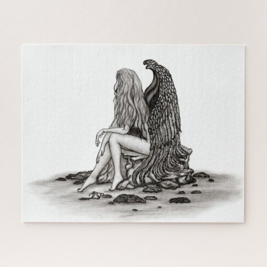 Angel, verloren in gedachte, zwart-wit design legpuzzel (Horizontaal)