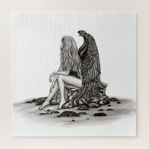 Angel, verloren in gedachte, zwart-wit design legpuzzel