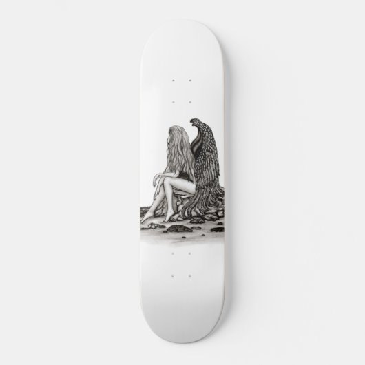 Angel, verloren in gedachte, zwart-wit design persoonlijk skateboard (Voorkant)