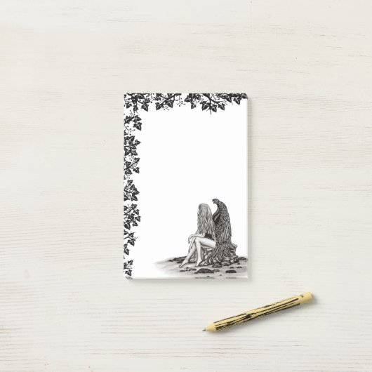 Angel, verloren in gedachte, zwart-wit design post-it® notes (Op bureau)