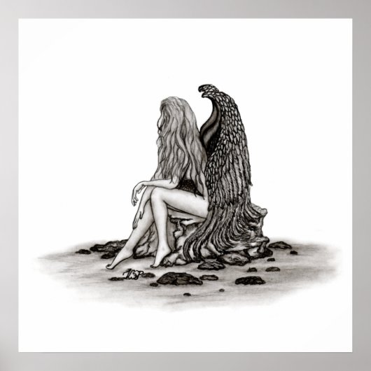 Angel, verloren in gedachte, zwart-wit design poster (Voorkant)