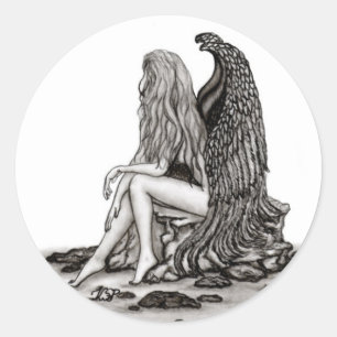 Angel, verloren in gedachte, zwart-wit design ronde sticker