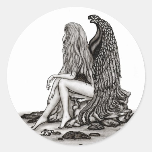 Angel, verloren in gedachte, zwart-wit design ronde sticker (Voorkant)