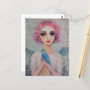 Angel Vrouw met roze haar en een blauwe vogel Briefkaart