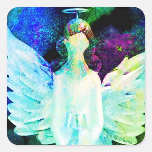 Angel Waterverf Groen Blauw Vleugels Halo Art Vierkante Sticker (Voorkant)