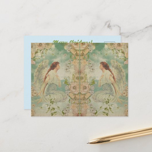 Angel White Flowers Blue Sky Briefkaart (Voorkant / Achterkant in situ)