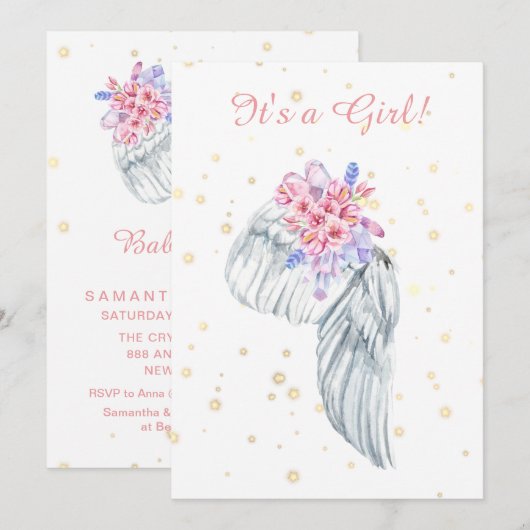 *~* Angel Wing Crystals Feathers Shower Invitation Kaart (Voorkant / Achterkant)