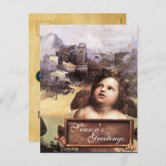 ANGEL,Winged Cherub,Blue Sapphire,Parchment Feestdagenkaart (Voorkant / Achterkant)