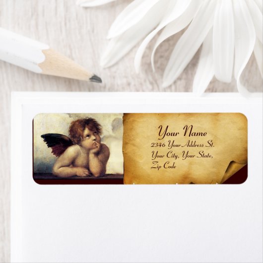 ANGEL / Winged Cherub, bruine perkament, wit Etiket (Insitu)