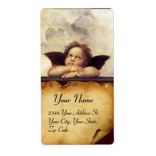 ANGEL / Winged Cherub, bruine perkament, wit Etiket