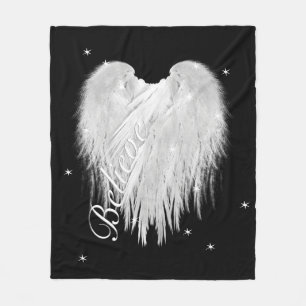 ANGEL WINGS 'Believe' Heart Black Starry Fleece Deken