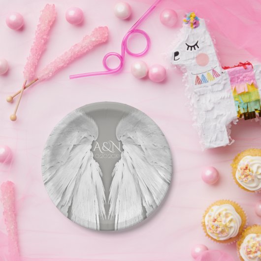 ANGEL WINGS Bruiloft Paar Initialen Elegant Grijs Papieren Bordje (Feest)