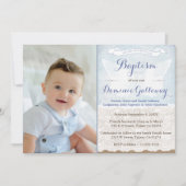 Angel Wings Burlap Lace Baby Boy Baptism PhotoCard Kaart (Voorkant)