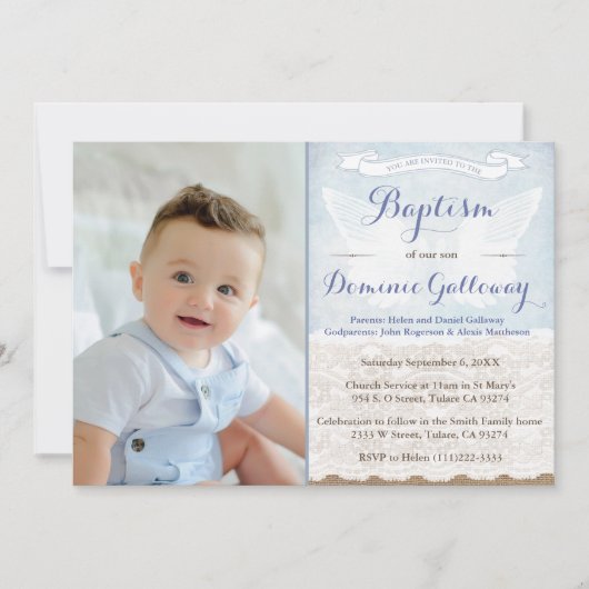 Angel Wings Burlap Lace Baby Boy Baptism PhotoCard Kaart (Voorkant)